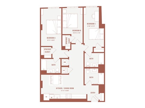 Floor plan for 3 beds, 3 baths, 401 sqft